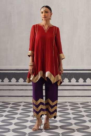 Palak & Mehak Red Chanderi V-neck Ira Neckline Embellished Kurta Set at Aza Fashions Palak & Mehak_Red Chanderi V-neck Ira Neckline Embellished Kurta Set _at_Aza_Fashions