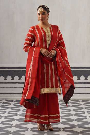 Palak & Mehak_Red Chanderi Round Neck Kimi Gota Embellished Kurta Set _Online_at_Aza_Fashions