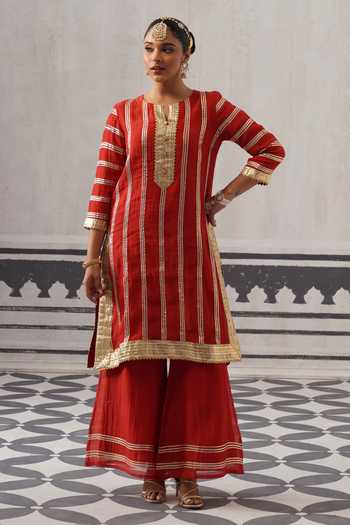 Buy_Palak & Mehak_Red Chanderi Round Neck Kimi Gota Embellished Kurta Set _Online_at_Aza_Fashions
