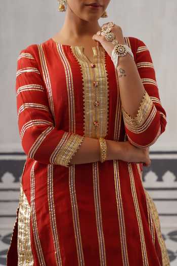 Palak & Mehak_Red Chanderi Round Neck Kimi Gota Embellished Kurta Set _at_Aza_Fashions