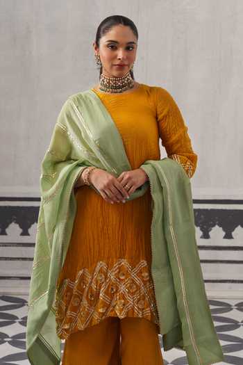 Buy_Palak & Mehak_Yellow Chanderi Round Neck Rasna Border Embellished Kurta Set _Online_at_Aza_Fashions