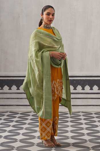 Shop_Palak & Mehak_Yellow Chanderi Round Neck Rasna Border Embellished Kurta Set _Online_at_Aza_Fashions