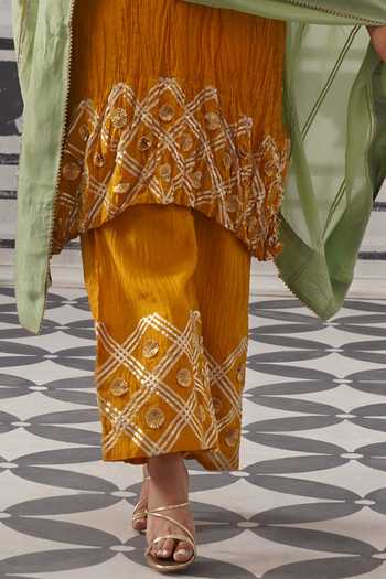 Palak & Mehak_Yellow Chanderi Round Neck Rasna Border Embellished Kurta Set _at_Aza_Fashions