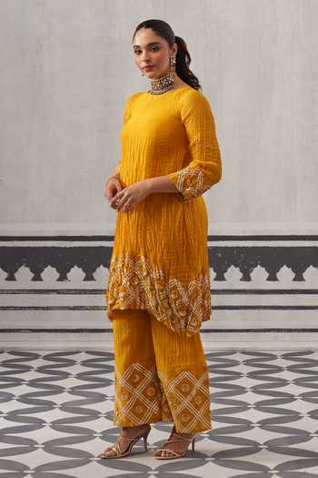 Shop_Palak & Mehak_Yellow Chanderi Round Neck Rasna Border Embellished Kurta Set 