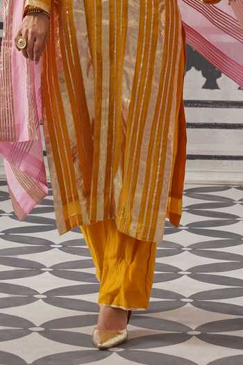 Buy_Palak & Mehak_Yellow Chanderi Round Neck Neh Metallic Stripe Kurta Set _Online_at_Aza_Fashions