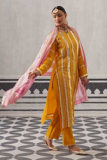 Shop_Palak & Mehak_Yellow Chanderi Round Neck Neh Metallic Stripe Kurta Set _Online_at_Aza_Fashions