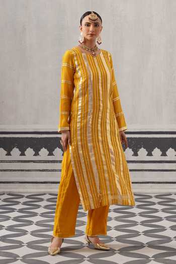 Palak & Mehak_Yellow Chanderi Round Neck Neh Metallic Stripe Kurta Set _at_Aza_Fashions
