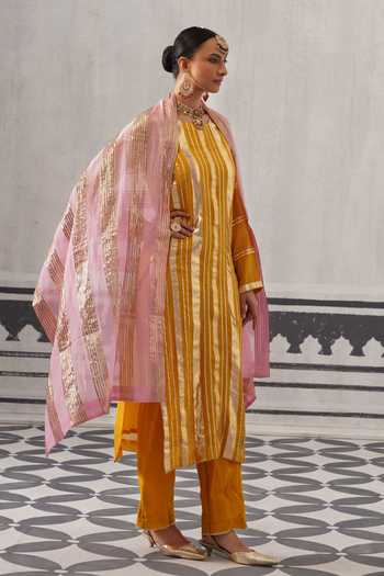 Buy_Palak & Mehak_Yellow Chanderi Round Neck Neh Metallic Stripe Kurta Set 