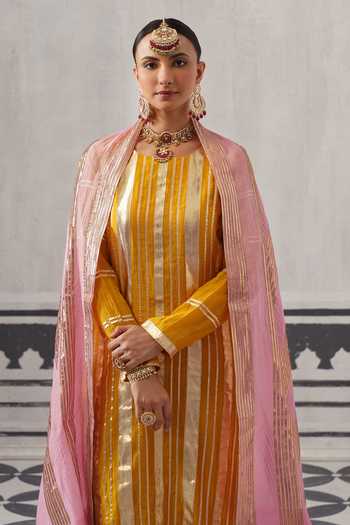Shop_Palak & Mehak_Yellow Chanderi Round Neck Neh Metallic Stripe Kurta Set 