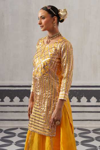 Shop_Palak & Mehak_Yellow Chanderi Round Neck Aba Embellished Kurta Set _Online_at_Aza_Fashions