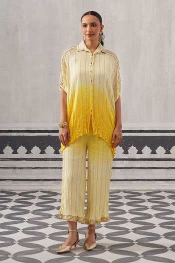 Palak & Mehak Yellow Rayon, Lurex Collared Neck Baani Gota Embellished Shirt And Pant Set Online at Aza Fashions Palak & Mehak_Yellow Rayon, Lurex Collared Neck Baani Gota Embellished Shirt And Pant Set _Online_at_Aza_Fashions