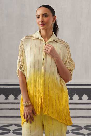 Buy Palak & Mehak Yellow Rayon, Lurex Collared Neck Baani Gota Embellished Shirt And Pant Set Online at Aza Fashions Buy_Palak & Mehak_Yellow Rayon, Lurex Collared Neck Baani Gota Embellished Shirt And Pant Set _Online_at_Aza_Fashions