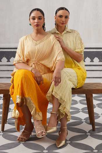Shop Palak & Mehak Yellow Rayon, Lurex Collared Neck Baani Gota Embellished Shirt And Pant Set Online at Aza Fashions Shop_Palak & Mehak_Yellow Rayon, Lurex Collared Neck Baani Gota Embellished Shirt And Pant Set _Online_at_Aza_Fashions