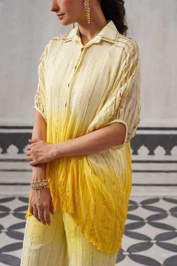 Palak & Mehak Yellow Rayon, Lurex Collared Neck Baani Gota Embellished Shirt And Pant Set at Aza Fashions Palak & Mehak_Yellow Rayon, Lurex Collared Neck Baani Gota Embellished Shirt And Pant Set _at_Aza_Fashions