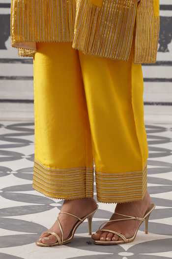 Shop_Palak & Mehak_Yellow Chanderi, Muslin Split V-neck, Yes Heera Embellished Kurta Set _Online_at_Aza_Fashions