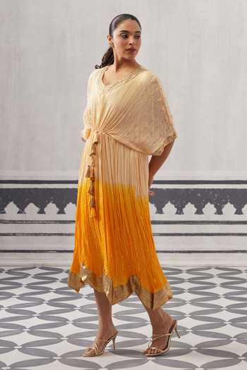 Palak & Mehak Yellow Rayon, Lurex V-neck Sasha Ombre Embellished Kaftan Online at Aza Fashions Palak & Mehak_Yellow Rayon, Lurex V-neck Sasha Ombre Embellished Kaftan _Online_at_Aza_Fashions