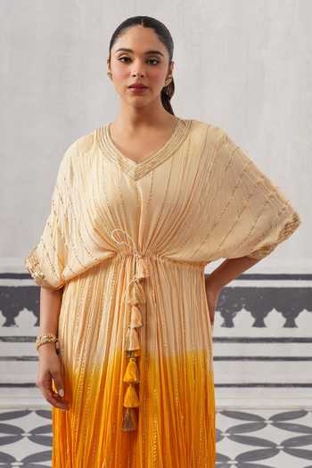 Buy Palak & Mehak Yellow Rayon, Lurex V-neck Sasha Ombre Embellished Kaftan Online at Aza Fashions Buy_Palak & Mehak_Yellow Rayon, Lurex V-neck Sasha Ombre Embellished Kaftan _Online_at_Aza_Fashions