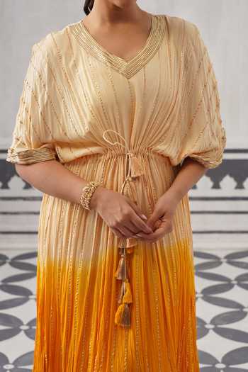 Shop Palak & Mehak Yellow Rayon, Lurex V-neck Sasha Ombre Embellished Kaftan Online at Aza Fashions Shop_Palak & Mehak_Yellow Rayon, Lurex V-neck Sasha Ombre Embellished Kaftan _Online_at_Aza_Fashions