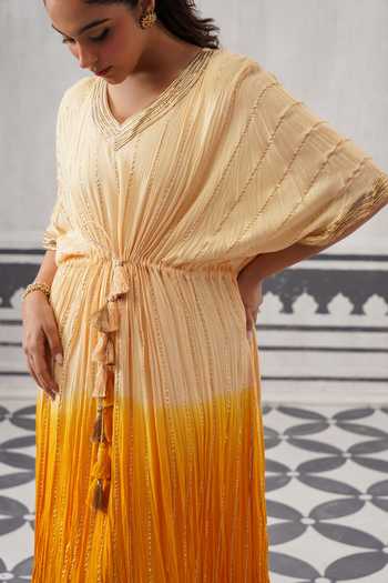 Palak & Mehak Yellow Rayon, Lurex V-neck Sasha Ombre Embellished Kaftan at Aza Fashions Palak & Mehak_Yellow Rayon, Lurex V-neck Sasha Ombre Embellished Kaftan _at_Aza_Fashions