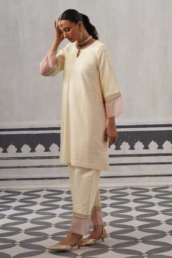 Buy Palak & Mehak Cream Dupion, Silk Keyhole Neck, Yes Straight Kurta And Pant Set Online at Aza Fashions Buy_Palak & Mehak_Cream Dupion, Silk Keyhole Neck, Yes Straight Kurta And Pant Set _Online_at_Aza_Fashions