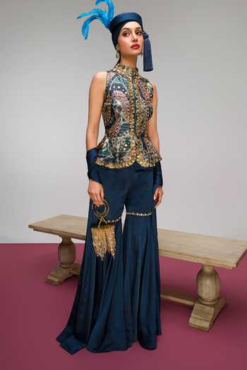 Papa Dont Preach_Blue Jacquard, Satin Mandarin Back By Pop Demand Embroidered Top Sharara Set _Online_at_Aza_Fashions