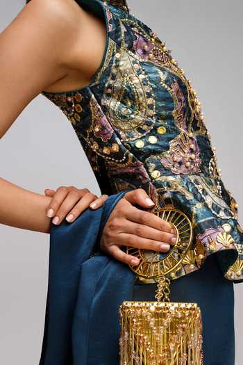 Shop_Papa Dont Preach_Blue Jacquard, Satin Mandarin Back By Pop Demand Embroidered Top Sharara Set _Online_at_Aza_Fashions