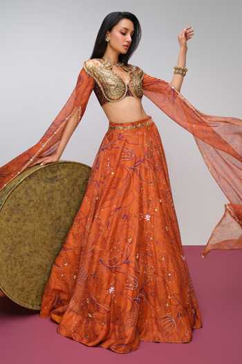 Buy_Papa Dont Preach_Orange Organza, Jacquard Majestic Dawn Embroidered Blouse With Lehenga _Online_at_Aza_Fashions