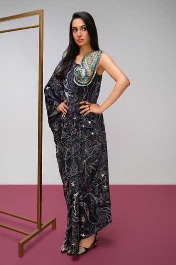 Papa Dont Preach_Black Satin One Shoulder Pop Mystique Embroidered Kaftan _Online_at_Aza_Fashions