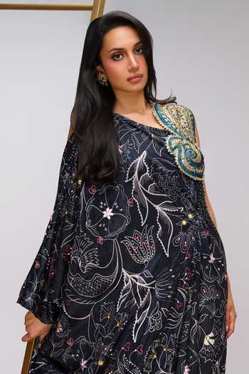 Buy_Papa Dont Preach_Black Satin One Shoulder Pop Mystique Embroidered Kaftan _Online_at_Aza_Fashions