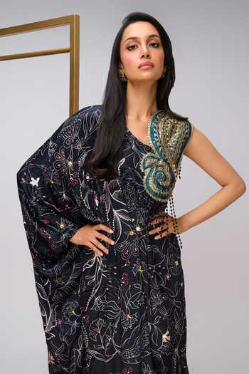 Shop_Papa Dont Preach_Black Satin One Shoulder Pop Mystique Embroidered Kaftan _Online_at_Aza_Fashions