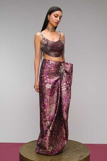 Papa Dont Preach_Wine Tulle, Jacquard Cowl Neck I Brought Embroidered Blouse And Skirt Set _Online_at_Aza_Fashions