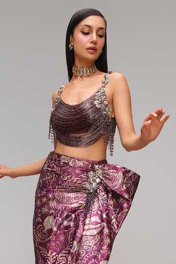 Buy_Papa Dont Preach_Wine Tulle, Jacquard Cowl Neck I Brought Embroidered Blouse And Skirt Set _Online_at_Aza_Fashions