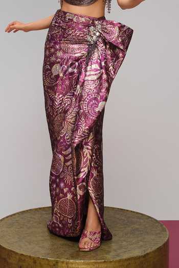Shop_Papa Dont Preach_Wine Tulle, Jacquard Cowl Neck I Brought Embroidered Blouse And Skirt Set _Online_at_Aza_Fashions