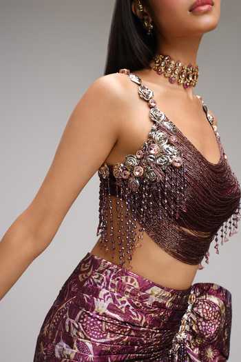 Papa Dont Preach_Wine Tulle, Jacquard Cowl Neck I Brought Embroidered Blouse And Skirt Set _at_Aza_Fashions