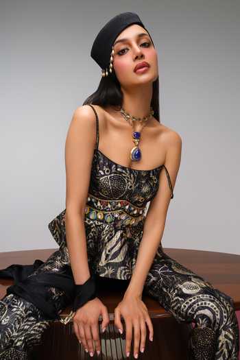 Buy Papa Dont Preach Black Jacquard, Satin Midnight Pomegranate Peplum Top Bell Bottom Pant Set Online at Aza Fashions Buy_Papa Dont Preach_Black Jacquard, Satin Midnight Pomegranate Peplum Top Bell Bottom Pant Set _Online_at_Aza_Fashions