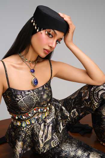 Shop Papa Dont Preach Black Jacquard, Satin Midnight Pomegranate Peplum Top Bell Bottom Pant Set Online at Aza Fashions Shop_Papa Dont Preach_Black Jacquard, Satin Midnight Pomegranate Peplum Top Bell Bottom Pant Set _Online_at_Aza_Fashions