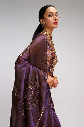 Papa Dont Preach_Purple Organza, Jacquard Vintage Power Moves Pre-draped Saree With Peplum Blouse _Online_at_Aza_Fashions