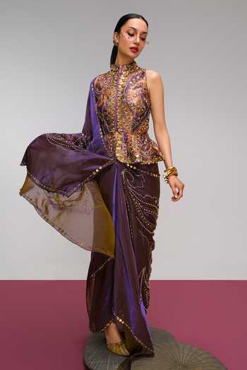 Buy_Papa Dont Preach_Purple Organza, Jacquard Vintage Power Moves Pre-draped Saree With Peplum Blouse _Online_at_Aza_Fashions