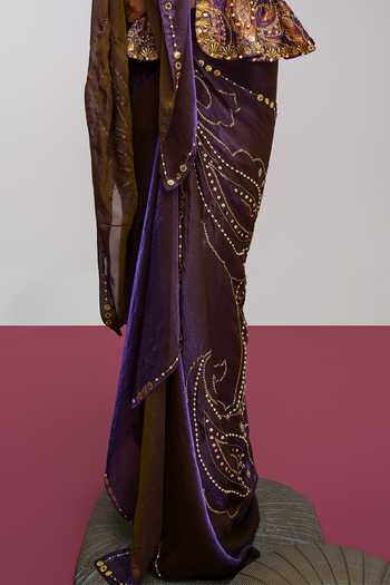 Shop_Papa Dont Preach_Purple Organza, Jacquard Vintage Power Moves Pre-draped Saree With Peplum Blouse _Online_at_Aza_Fashions