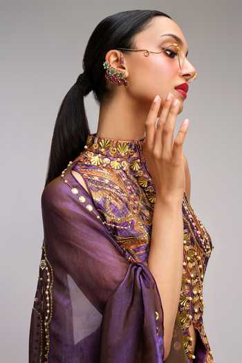 Papa Dont Preach_Purple Organza, Jacquard Vintage Power Moves Pre-draped Saree With Peplum Blouse _at_Aza_Fashions