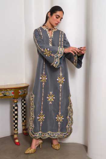 Papa Dont Preach_Grey Silk Notched Neck Evergreen Regalia Embroidered Kaftan _Online_at_Aza_Fashions