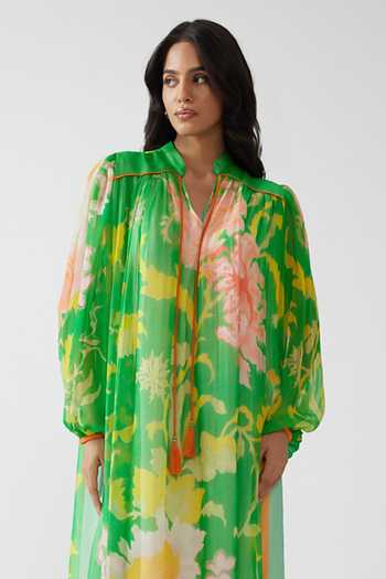Reena Sharma Green Georgette, Bemberg Split V-neck Avni Printed Long Dress Online at Aza Fashions Reena Sharma_Green Georgette, Bemberg Split V-neck Avni Printed Long Dress _Online_at_Aza_Fashions