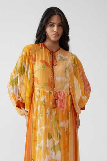 Reena Sharma Orange Georgette, Bemberg Round Neck Avni Printed Dress Online at Aza Fashions Reena Sharma_Orange Georgette, Bemberg Round Neck Avni Printed Dress _Online_at_Aza_Fashions