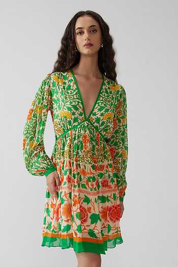 Reena Sharma Green Cotton, Chiffon, Viscose Plunge Neck Harita Short Dress Online at Aza Fashions Reena Sharma_Green Cotton, Chiffon, Viscose Plunge Neck Harita Short Dress _Online_at_Aza_Fashions