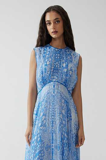 Reena Sharma Blue Chiffon, Viscose, Crinkle Round , High Pavni Asymmetric Long Dress Online at Aza Fashions Reena Sharma_Blue Chiffon, Viscose, Crinkle Round , High Pavni Asymmetric Long Dress _Online_at_Aza_Fashions