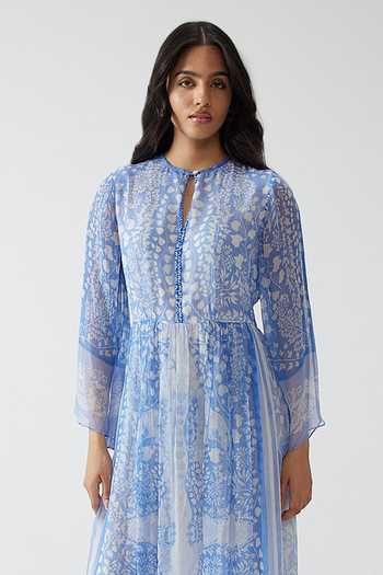 Reena Sharma Blue Chiffon, Viscose, Crinkle Round , Keyhole Pavni Long Dress Online at Aza Fashions Reena Sharma_Blue Chiffon, Viscose, Crinkle Round , Keyhole Pavni Long Dress _Online_at_Aza_Fashions