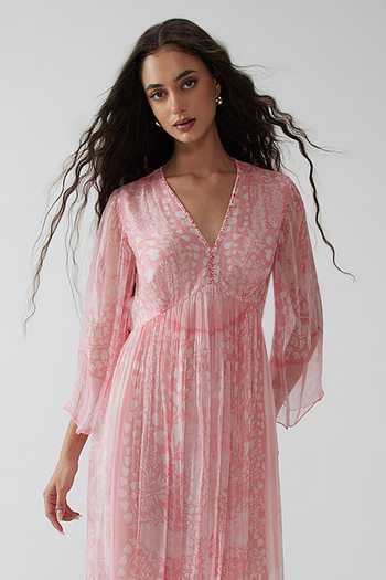 Reena Sharma Pink Chiffon, Viscose, Crinkle V-neck Pavni Long Dress Online at Aza Fashions Reena Sharma_Pink Chiffon, Viscose, Crinkle V-neck Pavni Long Dress _Online_at_Aza_Fashions