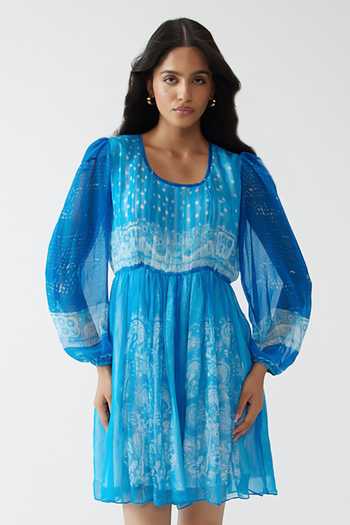 Reena Sharma_Blue Cotton, Chiffon, Viscose, Crinkle Round Neck Aster Short Dress _Online_at_Aza_Fashions