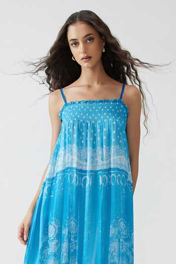 Reena Sharma_Blue Cotton, Chiffon, Viscose, Crinkle Square Neck Aster Cami Dress _Online_at_Aza_Fashions