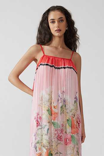 Reena Sharma_Pink Chiffon, Viscose, Crinkle Square Neck Keya Cami Long Dress _Online_at_Aza_Fashions